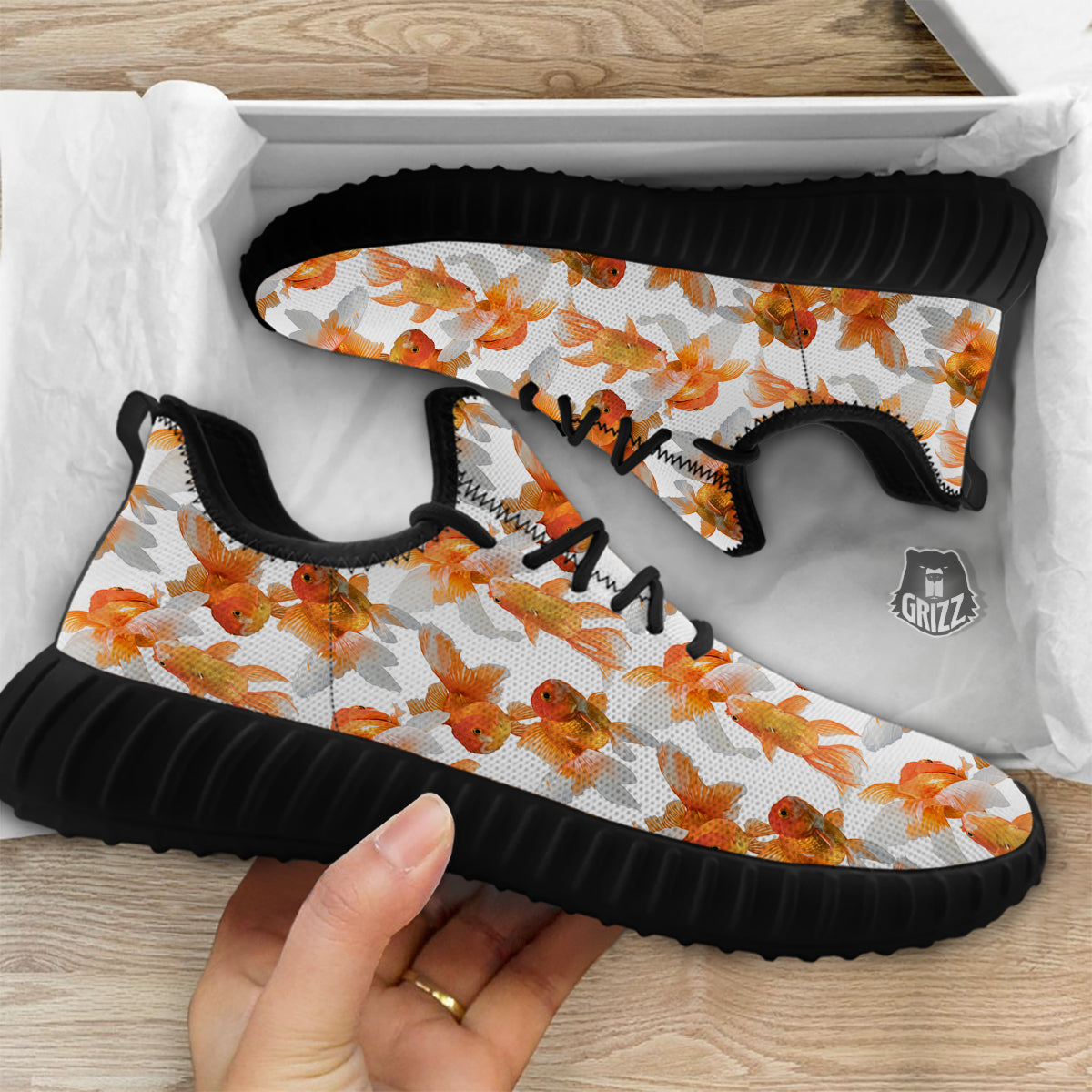 Gold Fish And White Print Pattern Black Walking Shoes-grizzshop