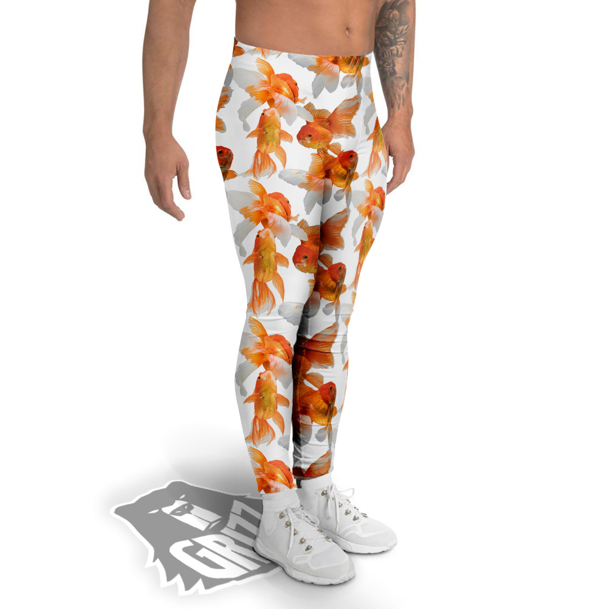 Gold Fish And White Print Pattern Men's Leggings-grizzshop