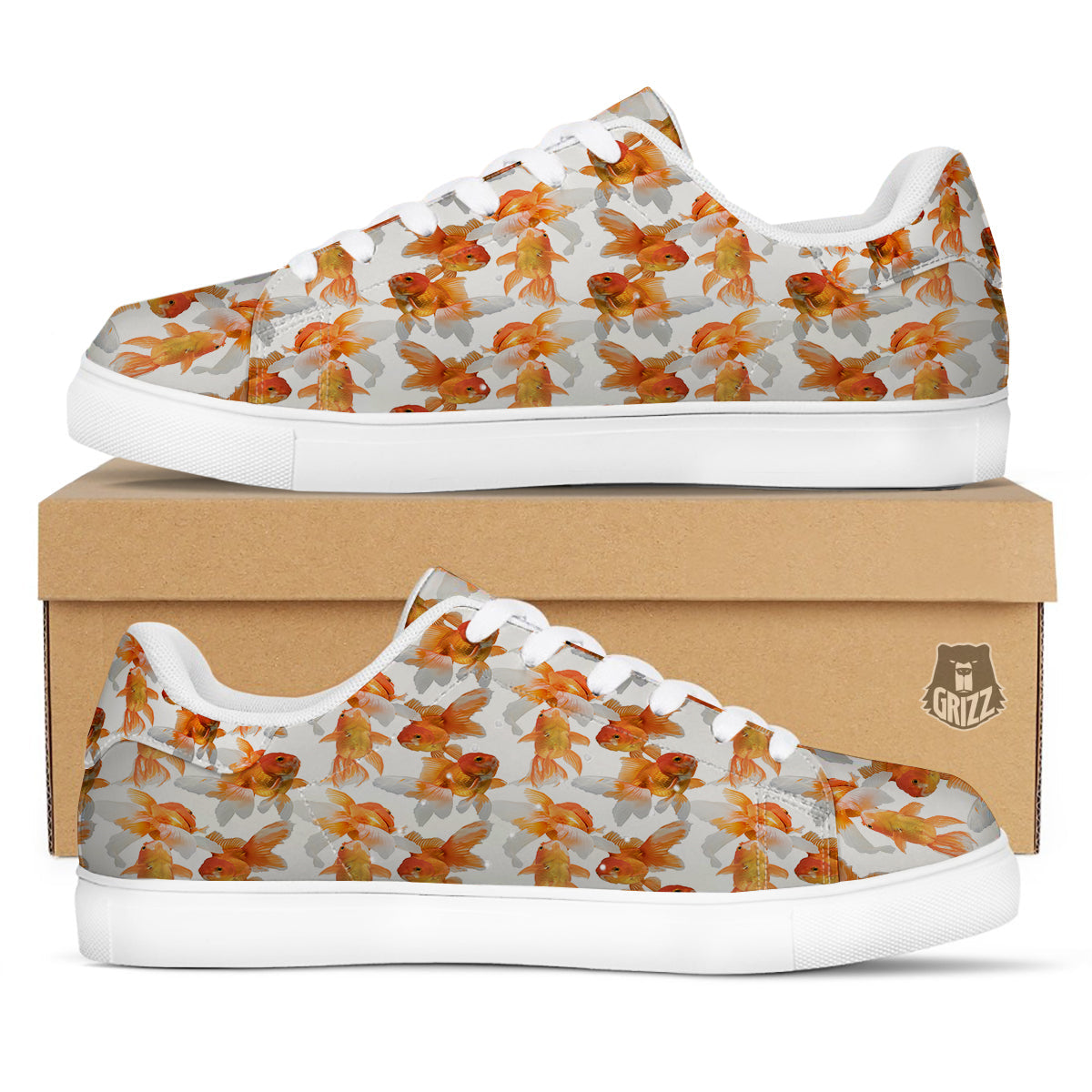 Gold Fish And White Print Pattern White Low Top Sneakers-grizzshop