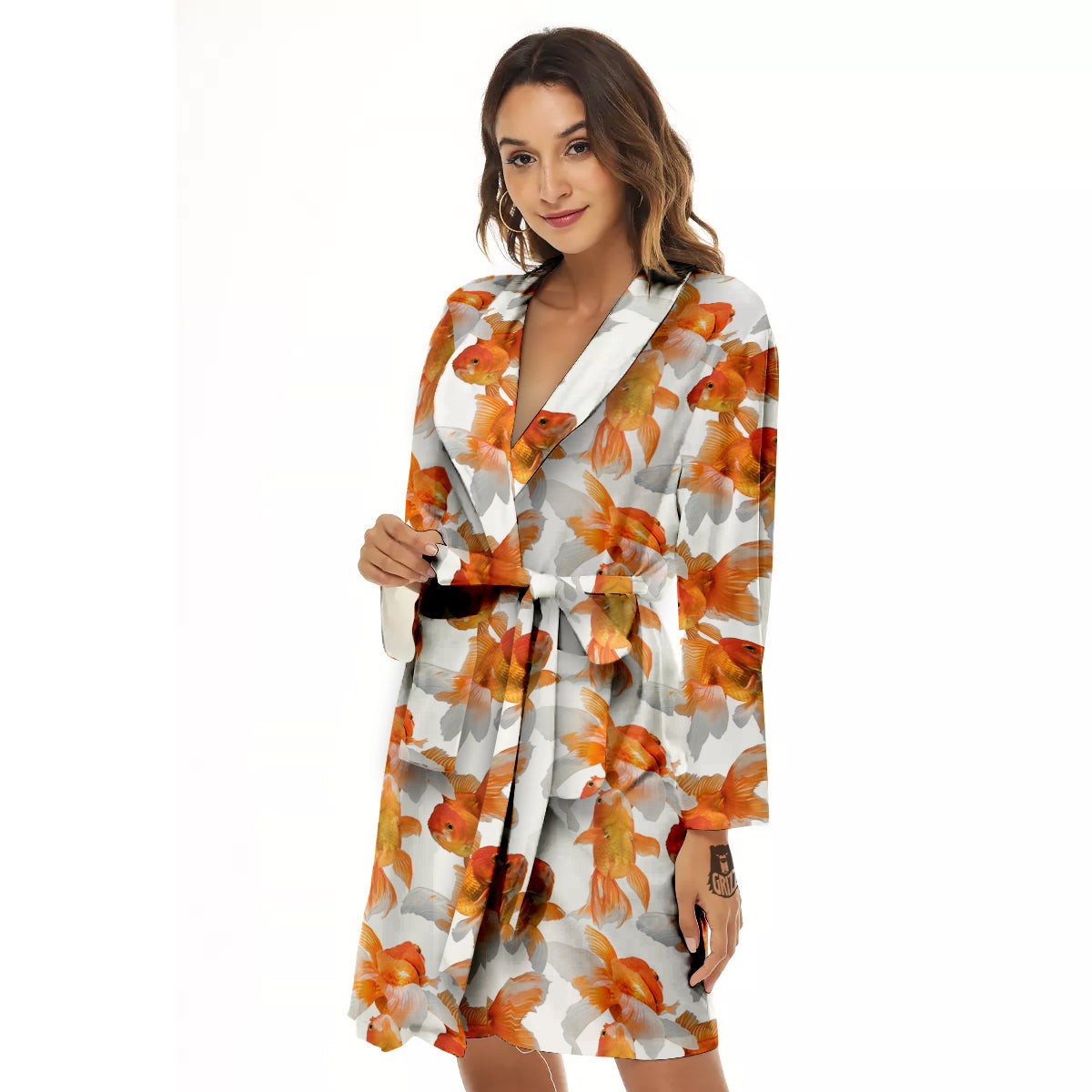 Gold Fish And White Print Pattern Women's Robe-grizzshop