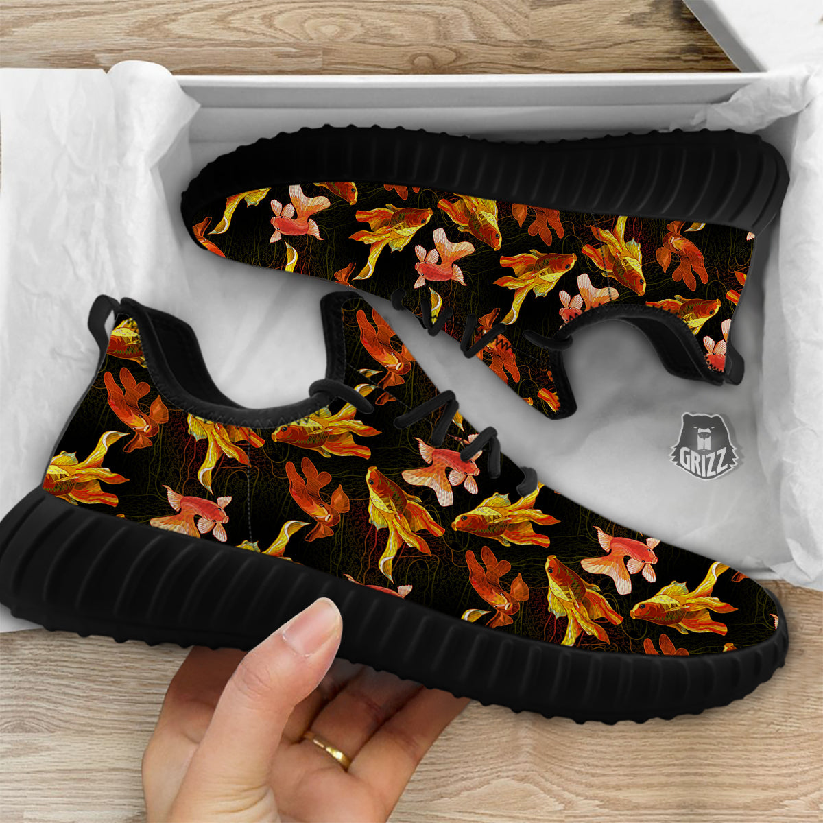 Gold Fish Drawing Print Pattern Black Walking Shoes-grizzshop