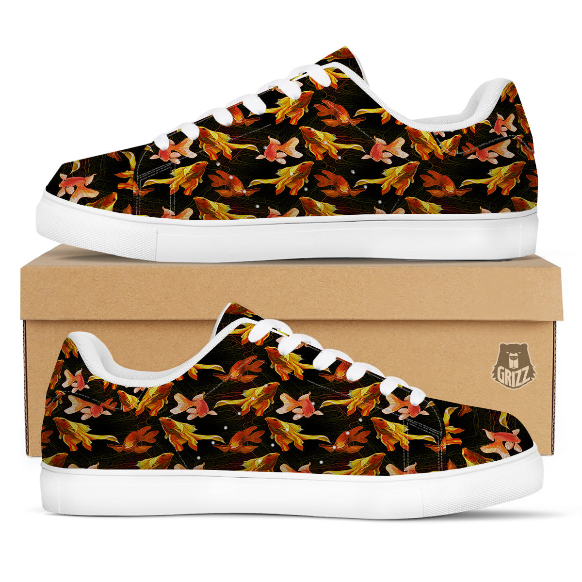 Gold Fish Drawing Print Pattern White Low Top Sneakers-grizzshop