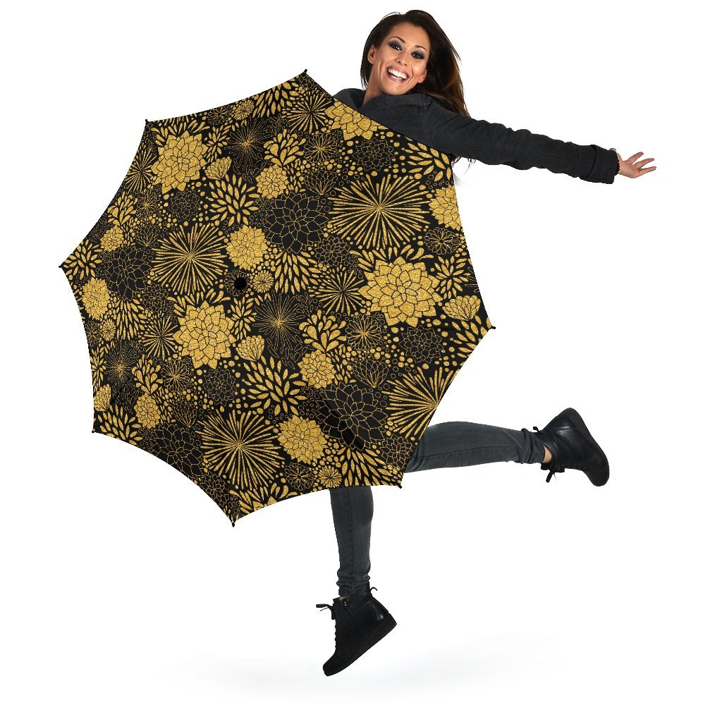 Gold Glitter Floral Pattern Print Automatic Foldable Umbrella-grizzshop