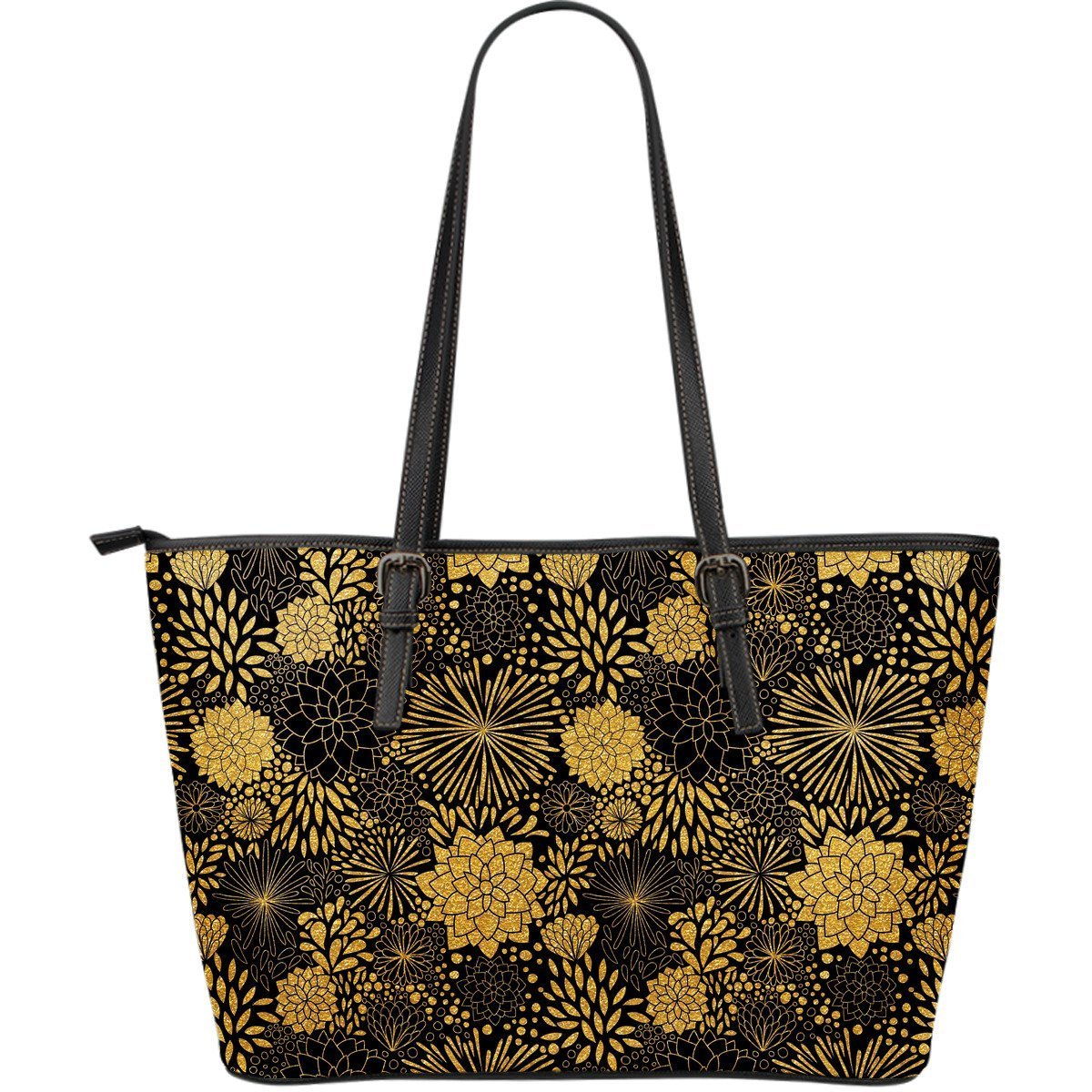 Gold Glitter Floral Pattern Print Leather Tote Bag-grizzshop