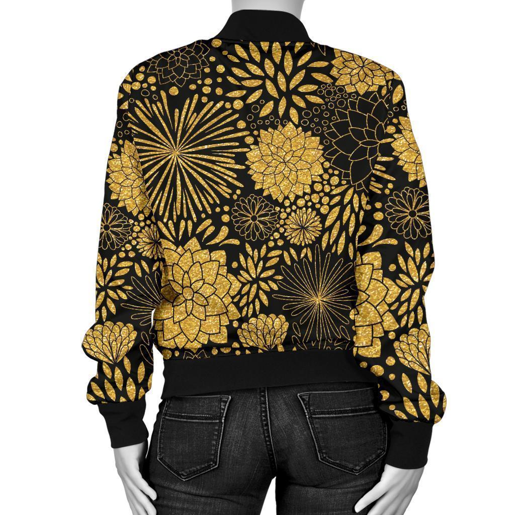 Gold Glitter Floral Pattern Print Women Casual Bomber Jacket-grizzshop