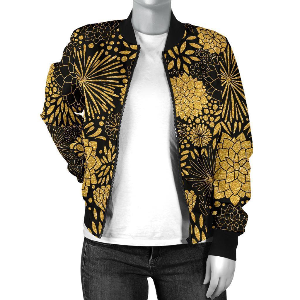 Gold Glitter Floral Pattern Print Women Casual Bomber Jacket-grizzshop