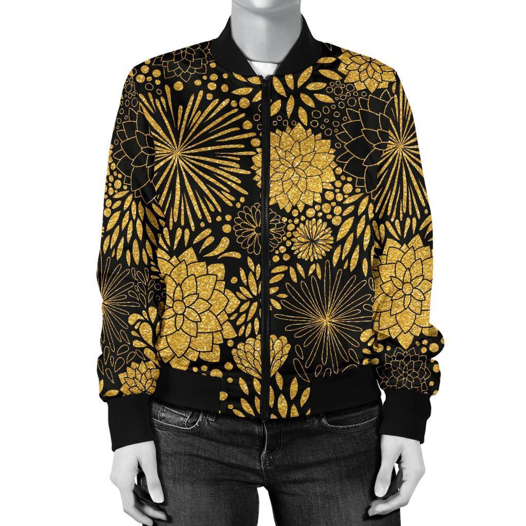 Gold Glitter Floral Pattern Print Women Casual Bomber Jacket-grizzshop
