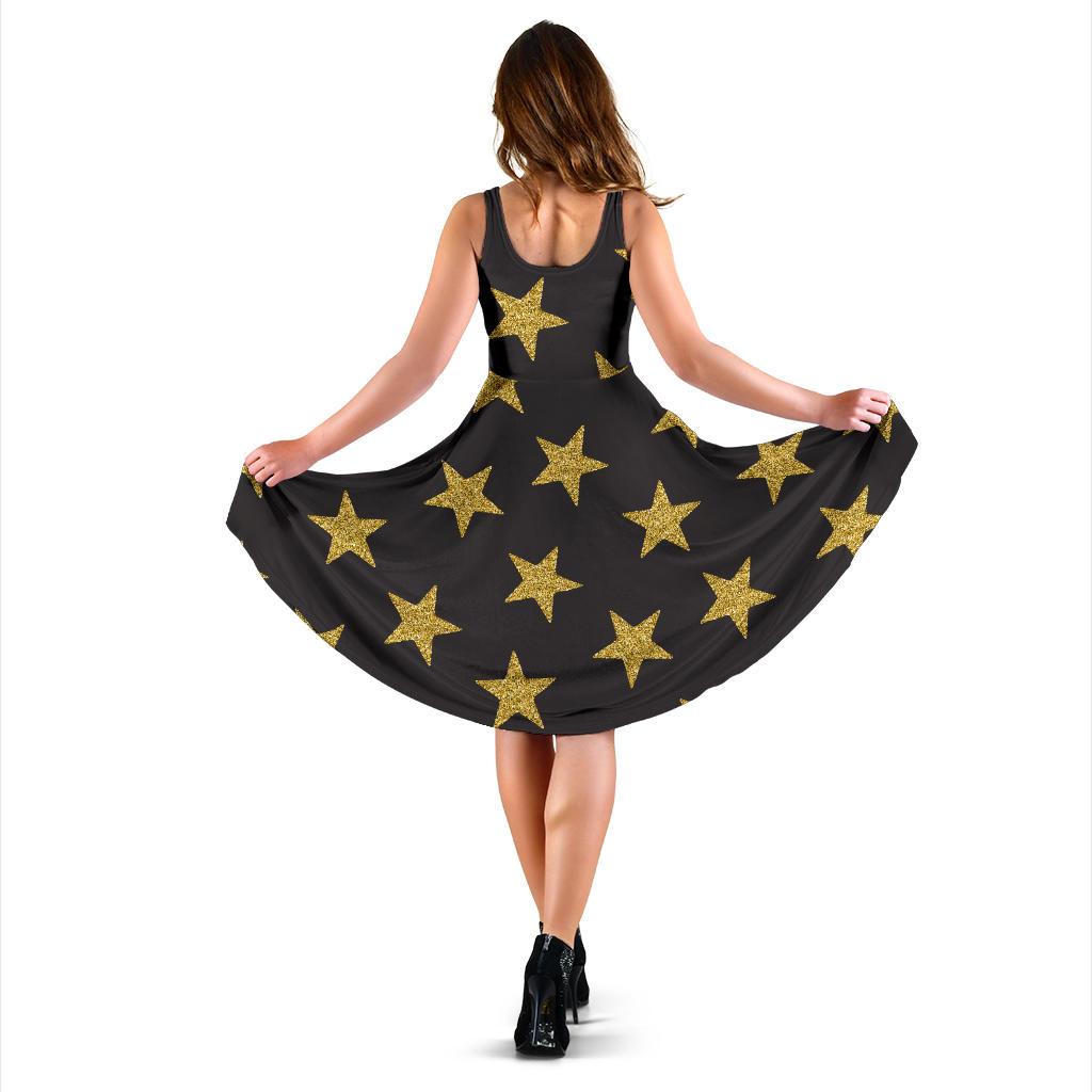 Gold Glitter Star Pattern Print Dress-grizzshop