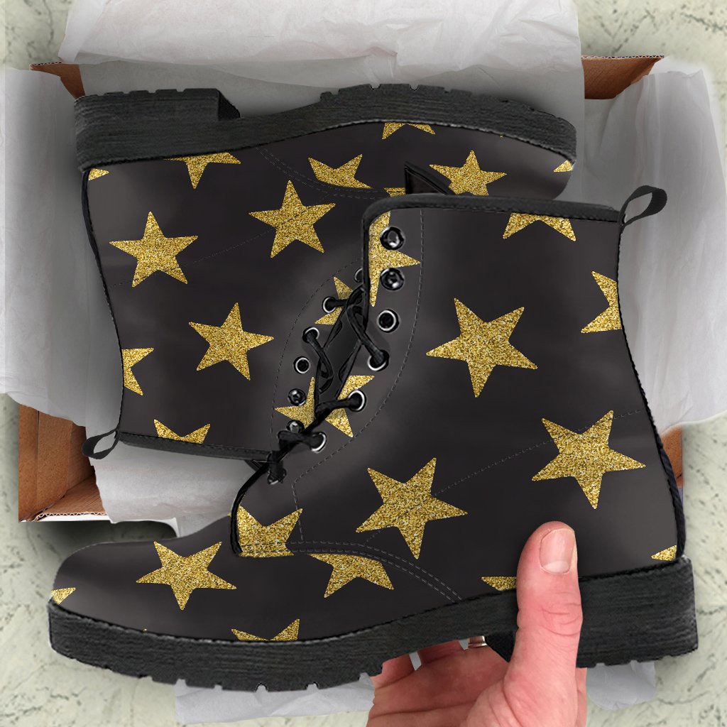Gold Glitter Star Pattern Print Men Women Leather Boots-grizzshop