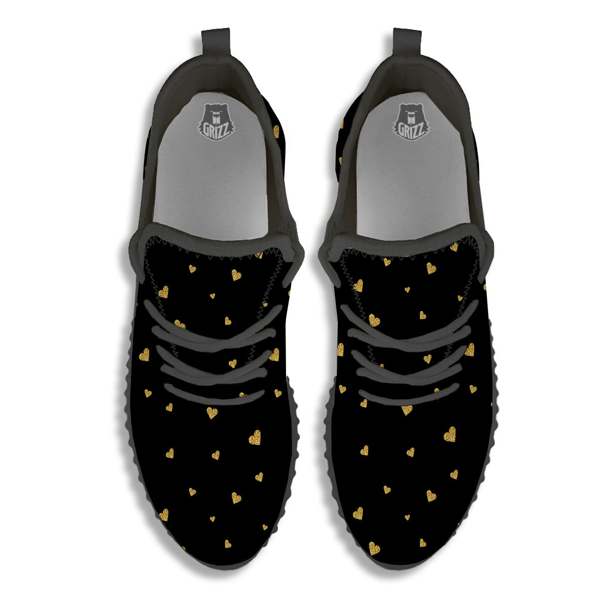 Gold Heart Black Print Pattern Black Walking Shoes-grizzshop