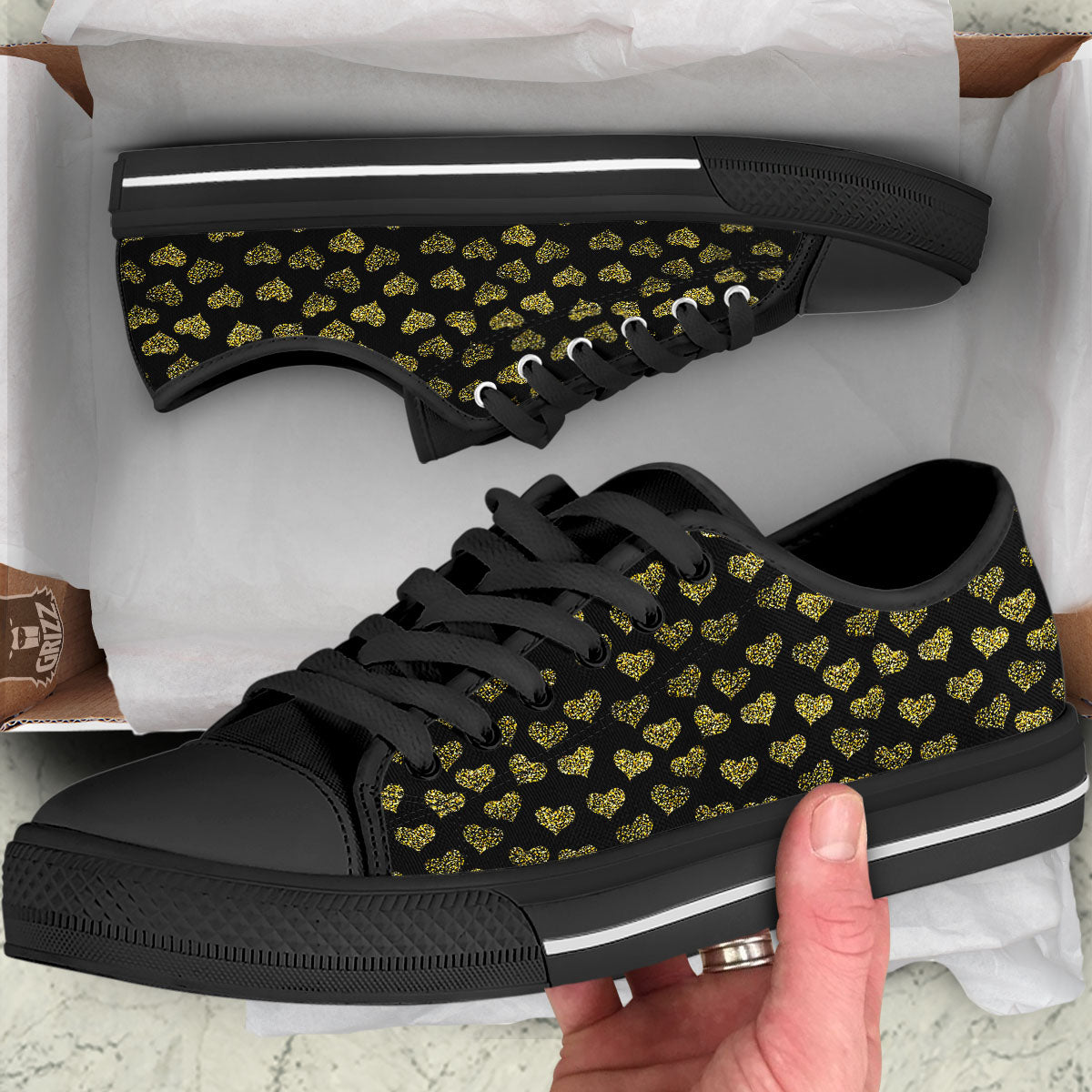Gold Heart Glitter Print Pattern Black Low Top Shoes-grizzshop