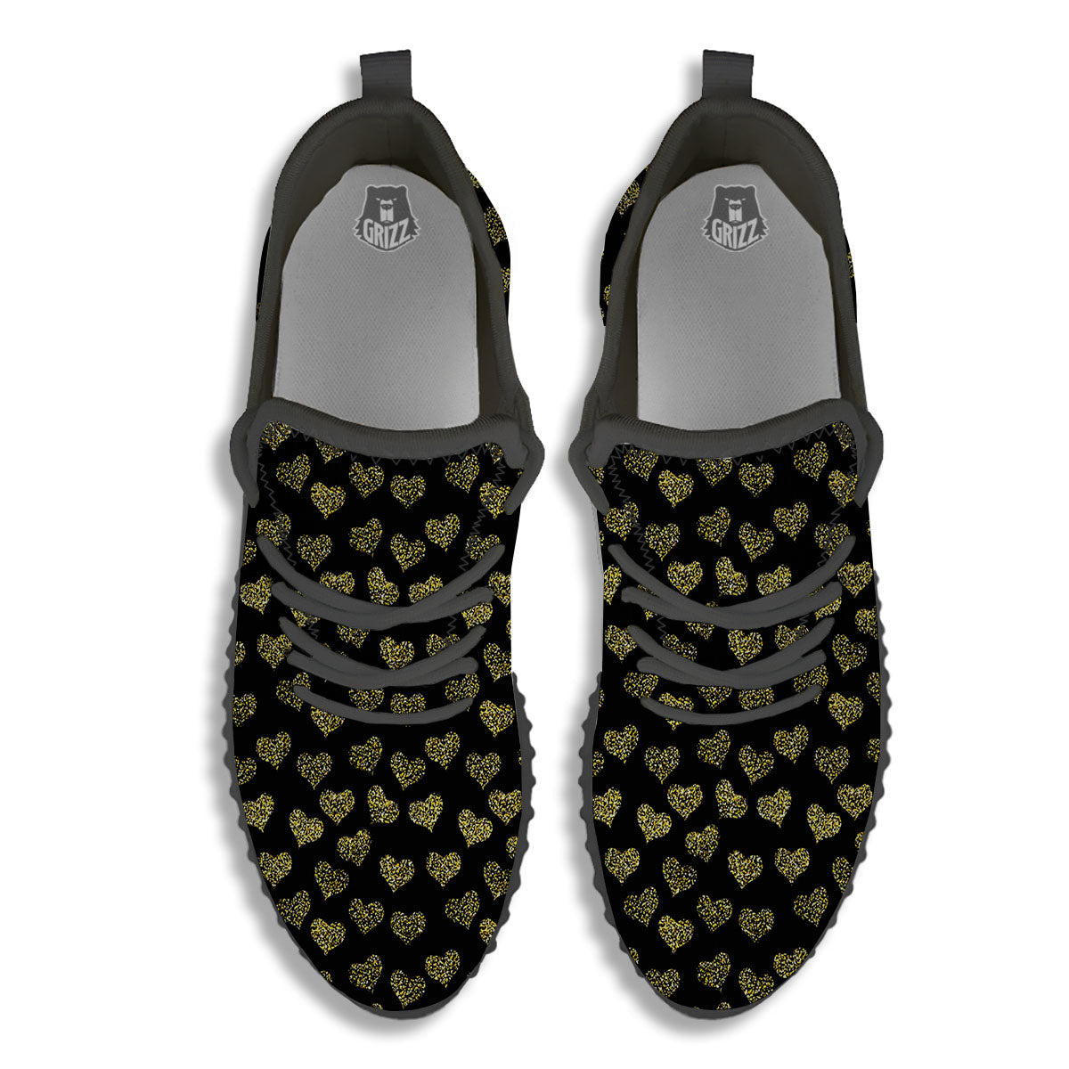 Gold Heart Glitter Print Pattern Black Walking Shoes-grizzshop
