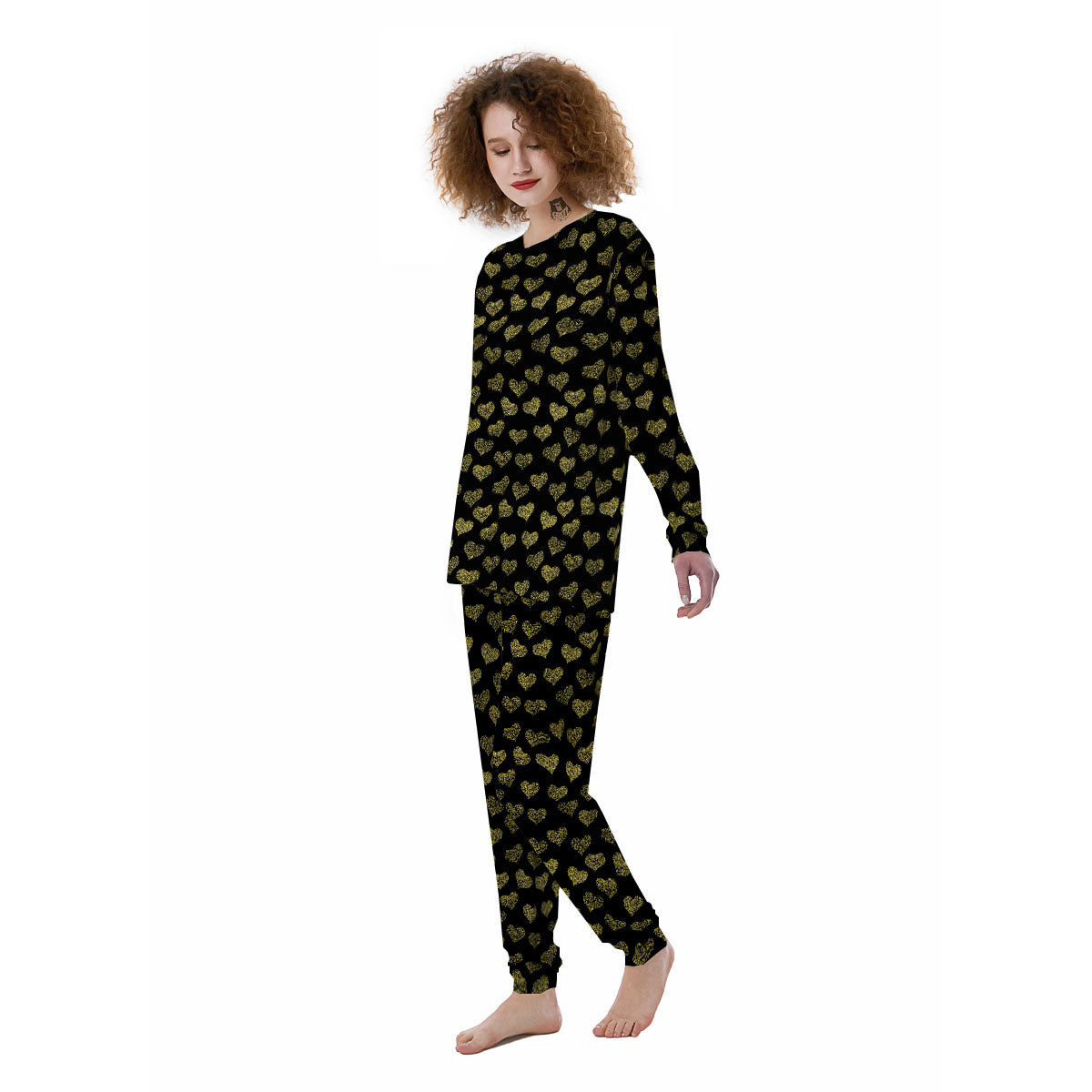 Gold Heart Glitter Print Pattern Women's Pajamas-grizzshop