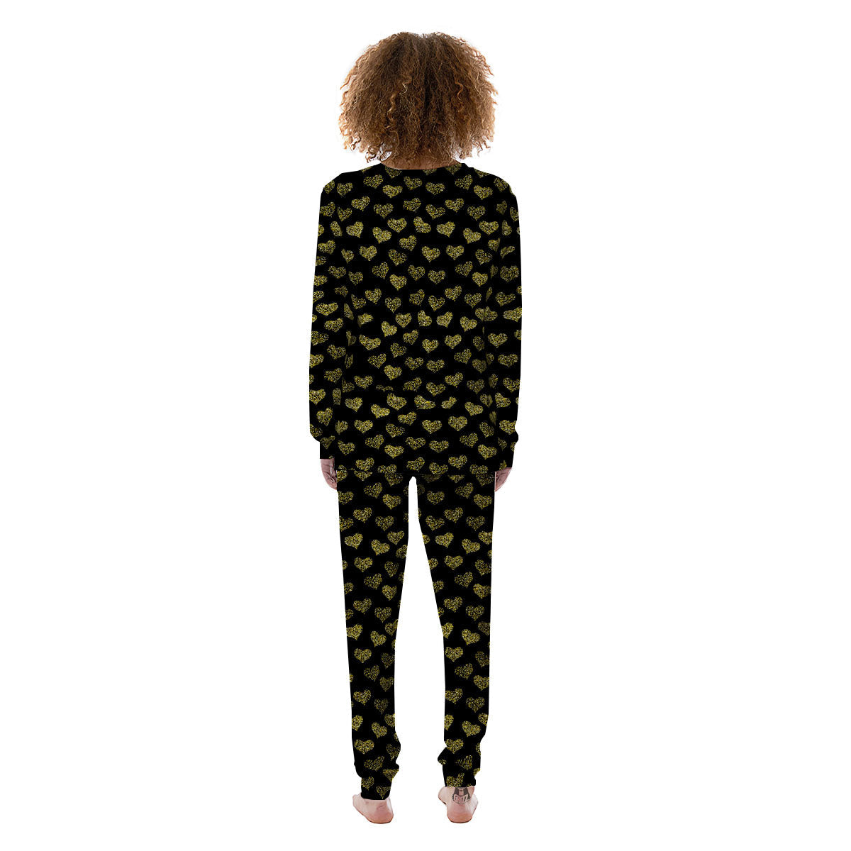 Gold Heart Glitter Print Pattern Women's Pajamas-grizzshop