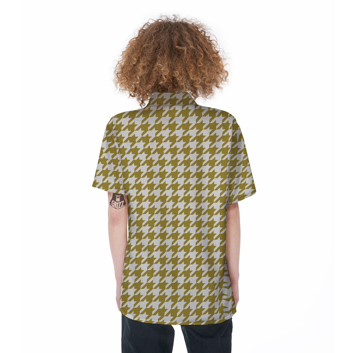 Gold Houndstooth Print Women's Short Sleeve Shirts-grizzshop