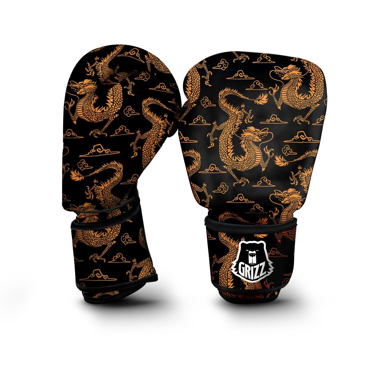 Gold Janpanese Dragon Print Boxing Gloves-grizzshop