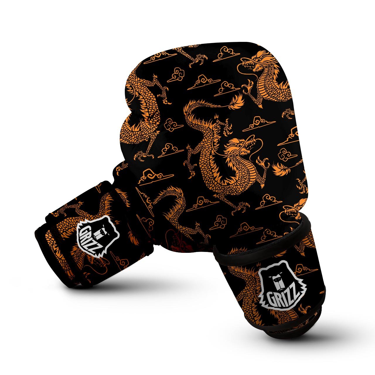 Gold Janpanese Dragon Print Boxing Gloves-grizzshop