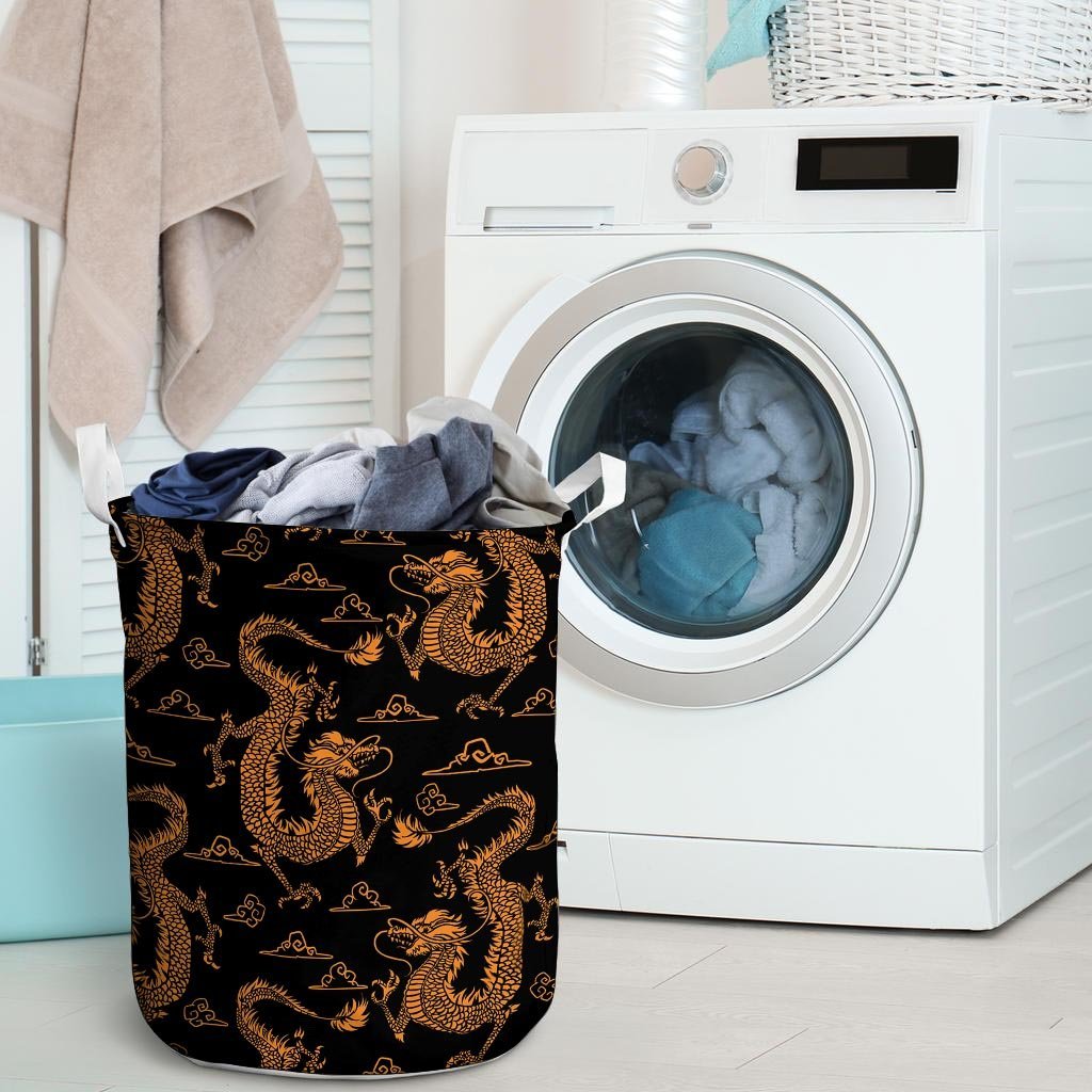 Gold Janpanese Dragon Print Laundry Basket-grizzshop