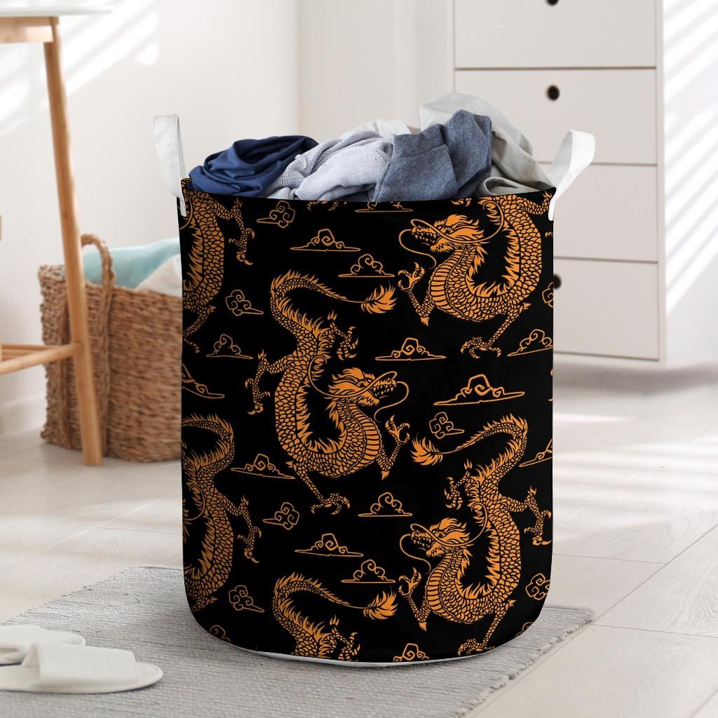 Gold Janpanese Dragon Print Laundry Basket-grizzshop