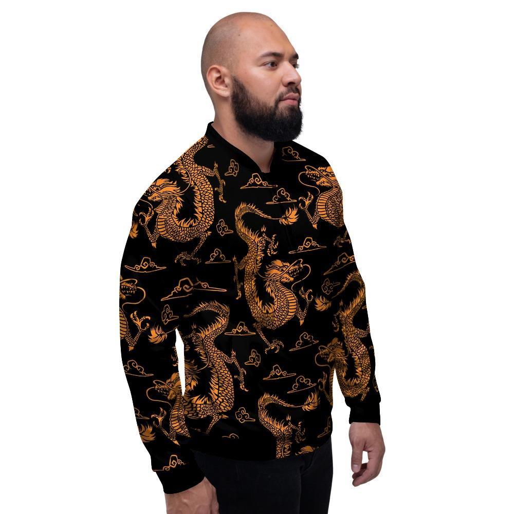 Gold Janpanese Dragon Print Men's Bomber Jacket-grizzshop