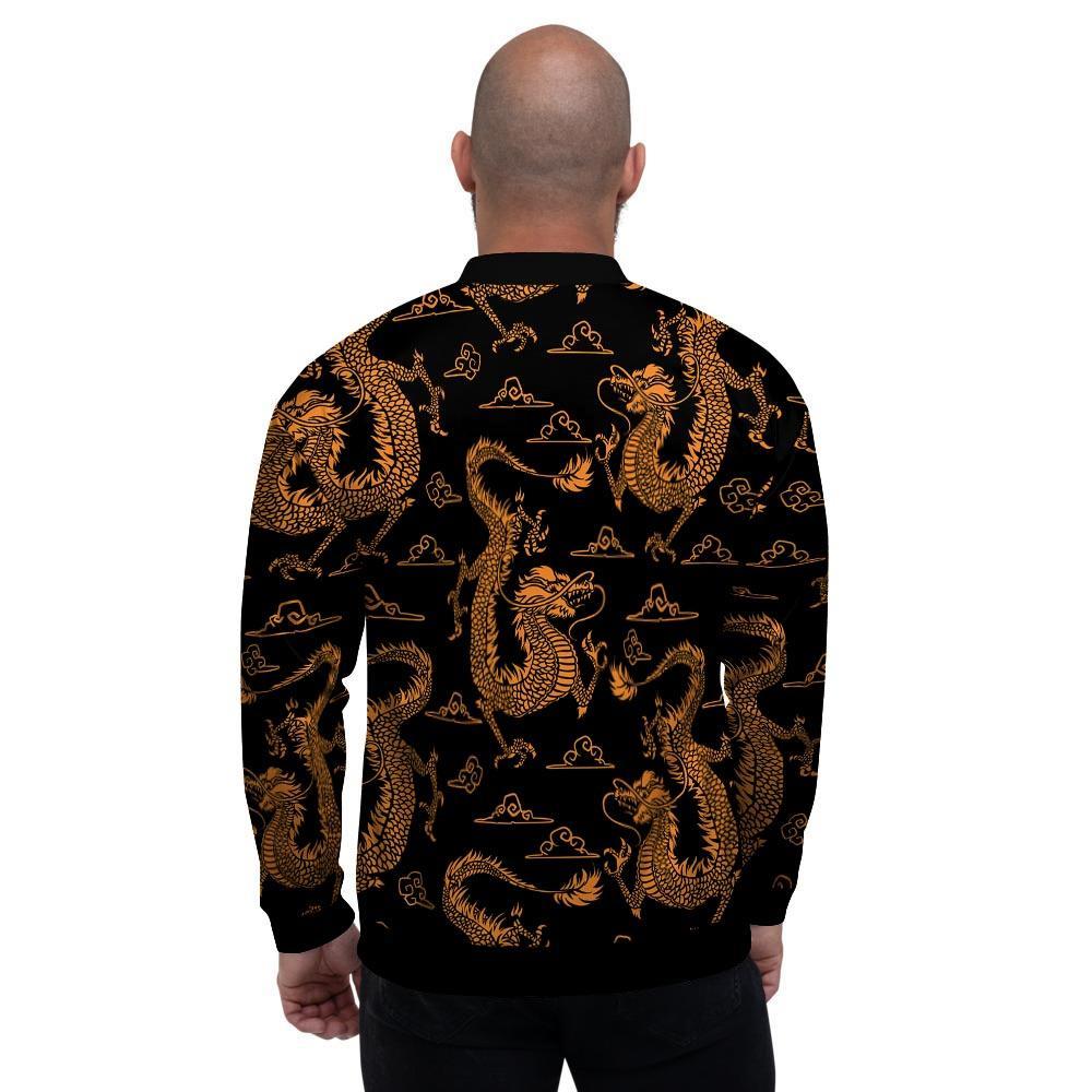 Gold Janpanese Dragon Print Men's Bomber Jacket-grizzshop