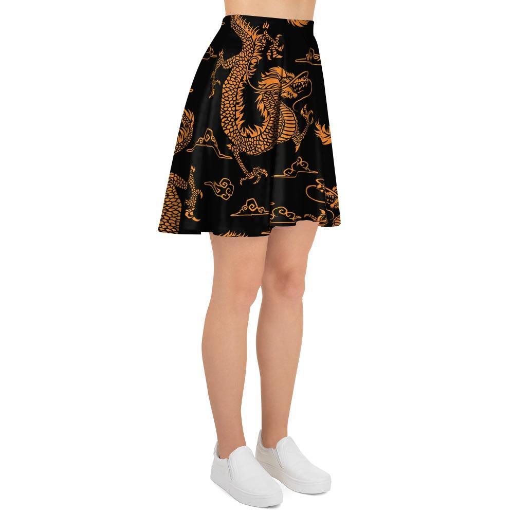 Gold Janpanese Dragon Print Women's Skirt-grizzshop