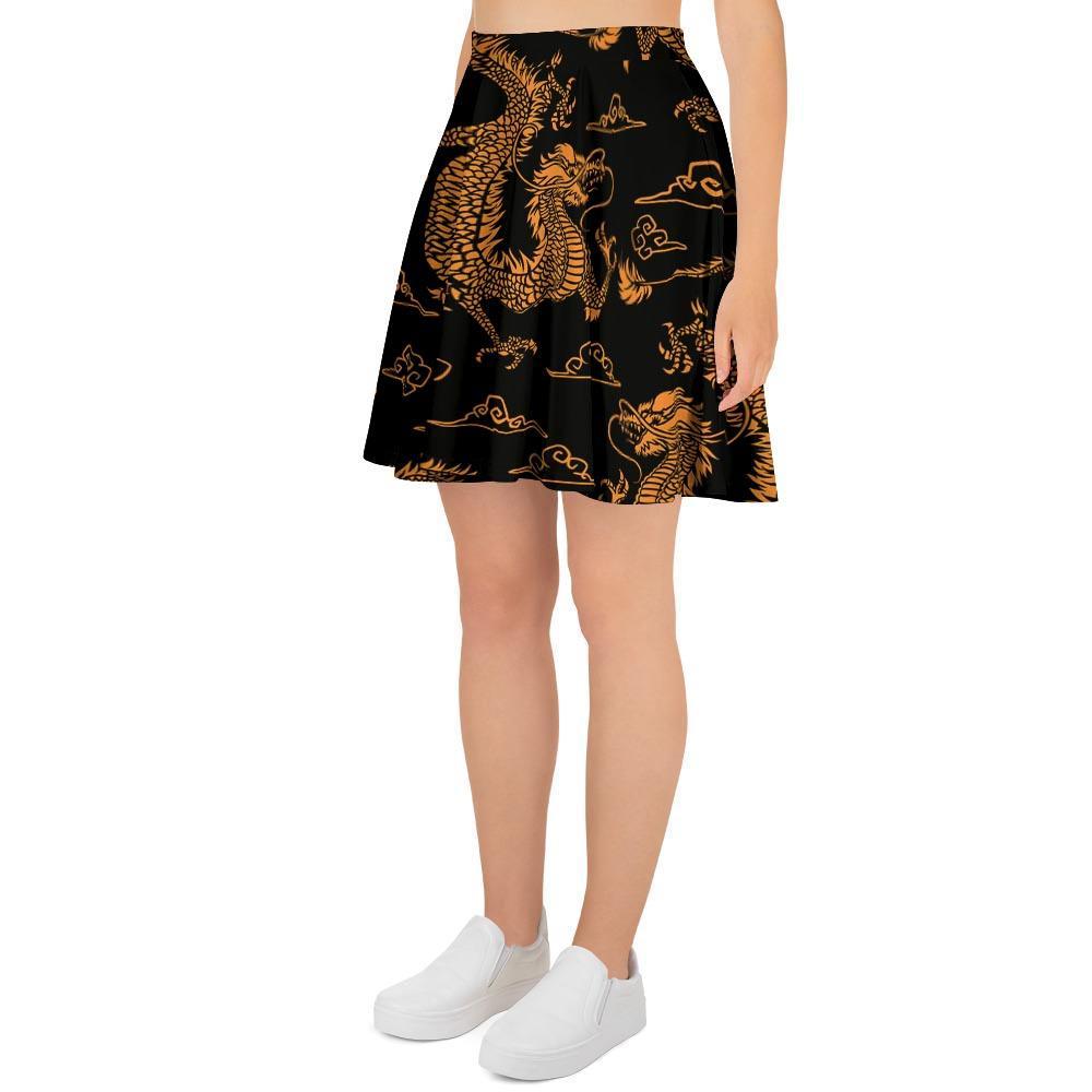 Gold Janpanese Dragon Print Women's Skirt-grizzshop
