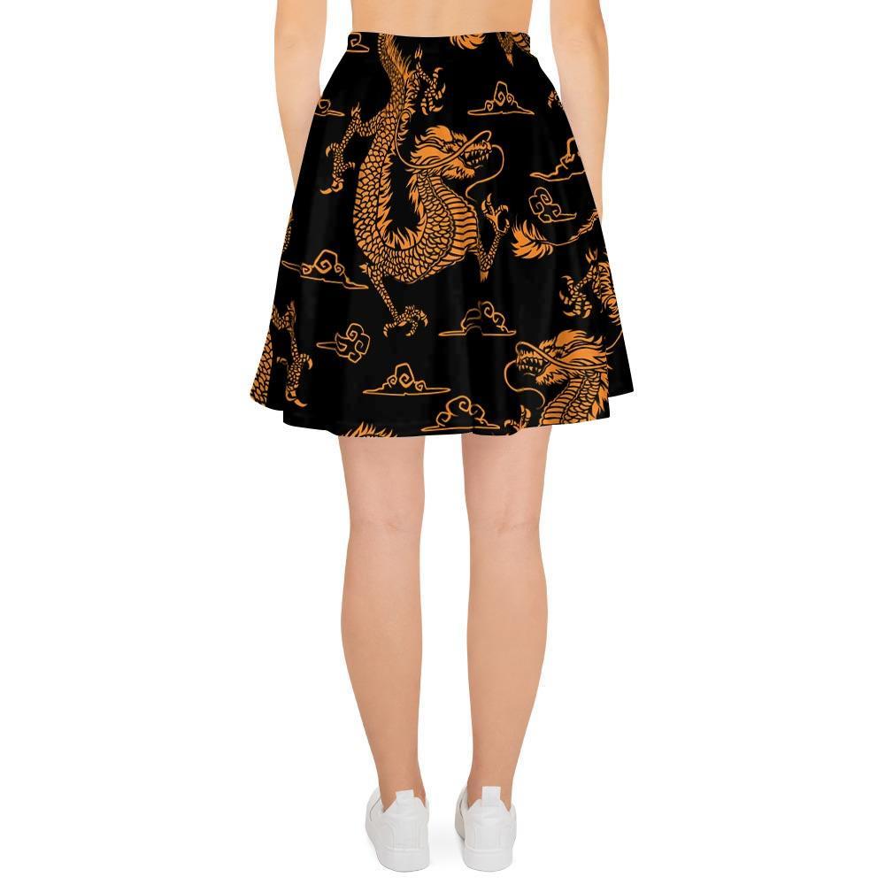 Gold Janpanese Dragon Print Women's Skirt-grizzshop