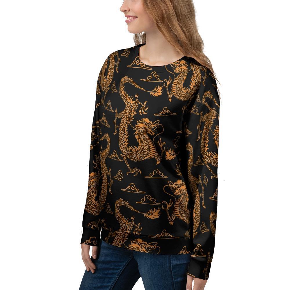 Gold Janpanese Dragon Print Women's Sweatshirt-grizzshop