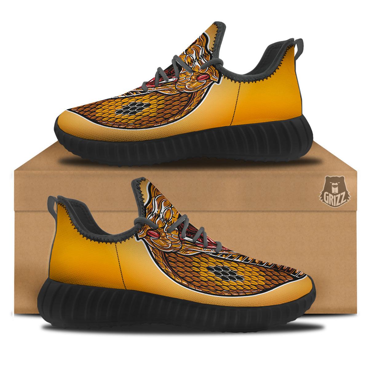 Gold King Cobra Snake Head Print Black Walking Shoes-grizzshop