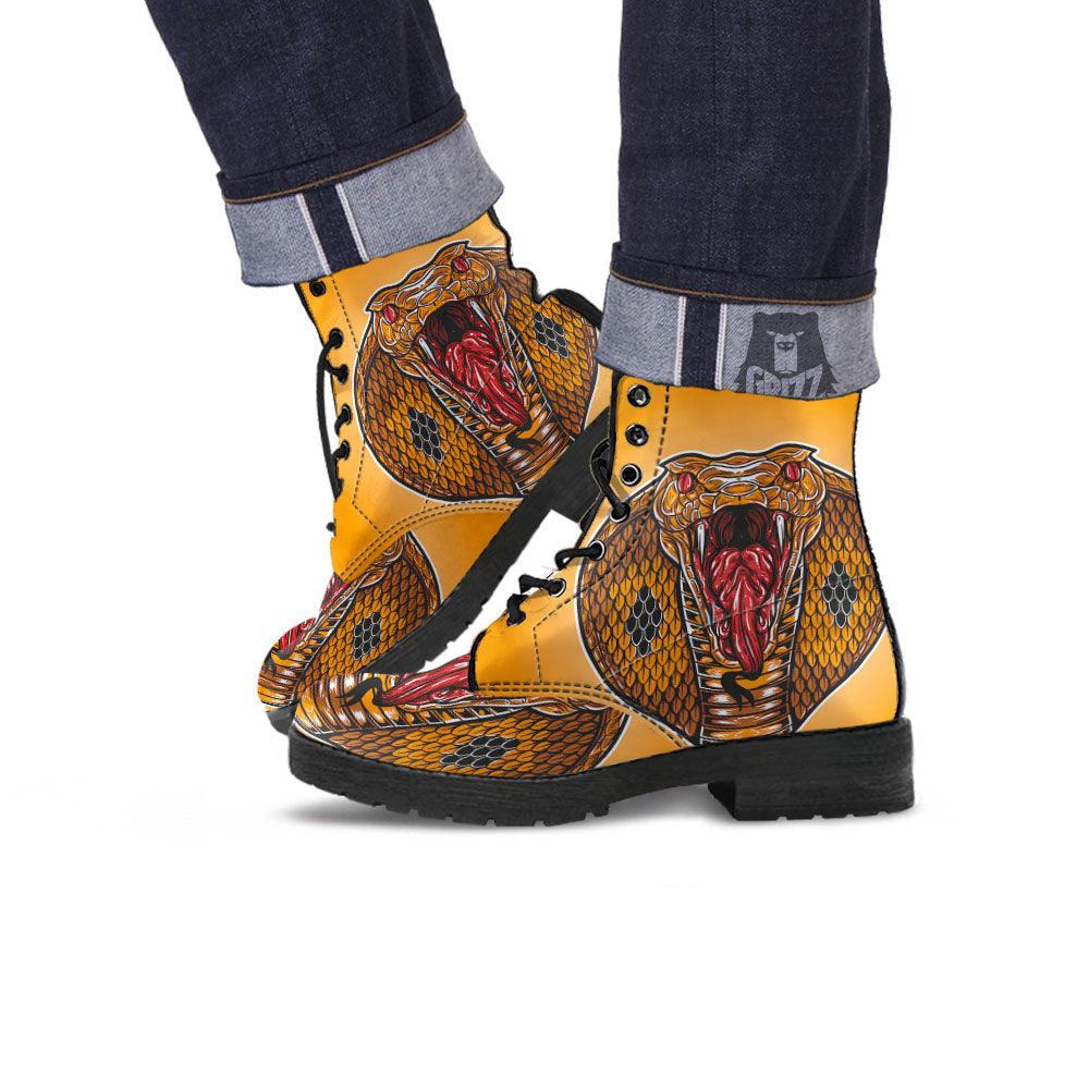 Gold King Cobra Snake Head Print Leather Boots-grizzshop