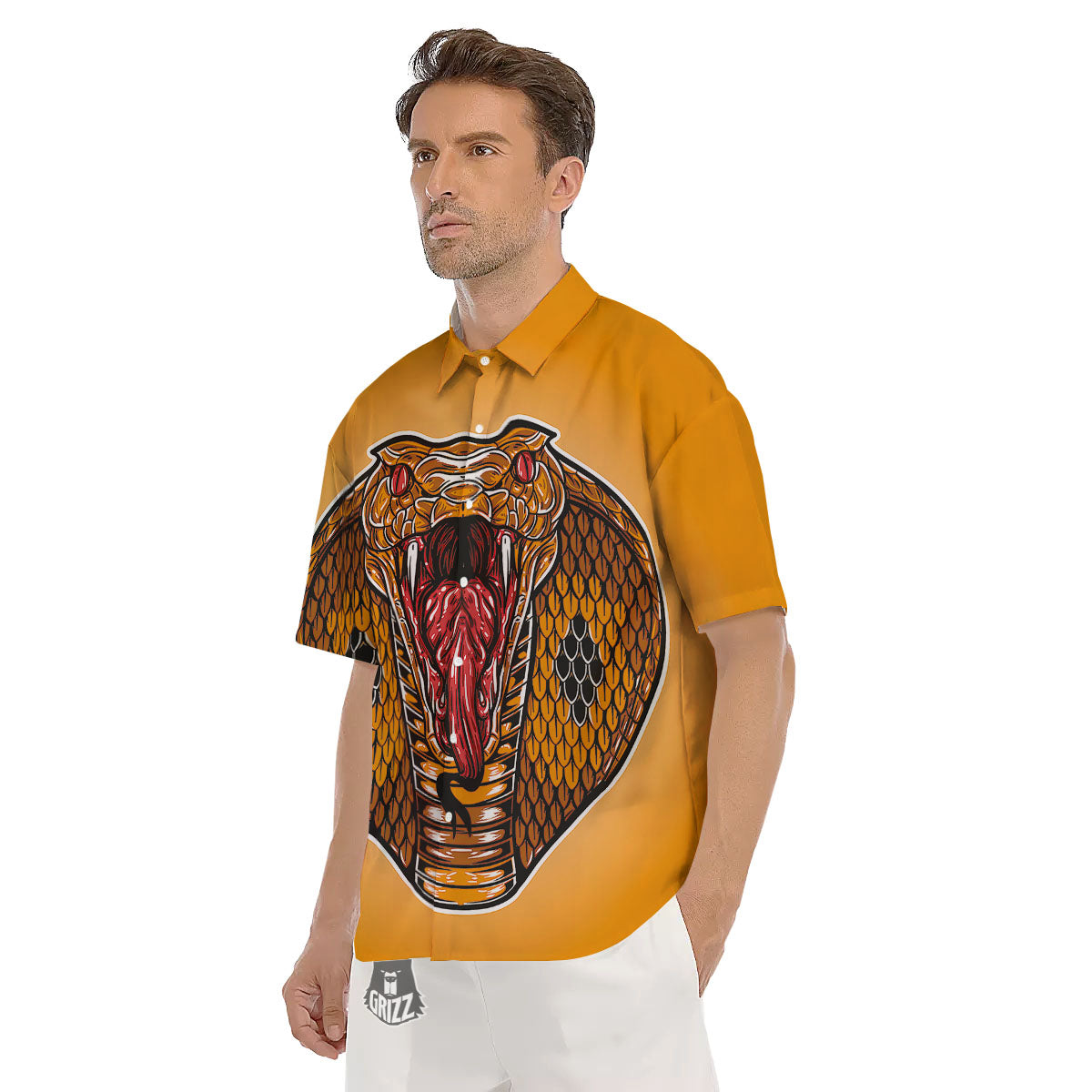 Gold King Cobra Snake Head Print Men's Short Sleeve Shirts-grizzshop