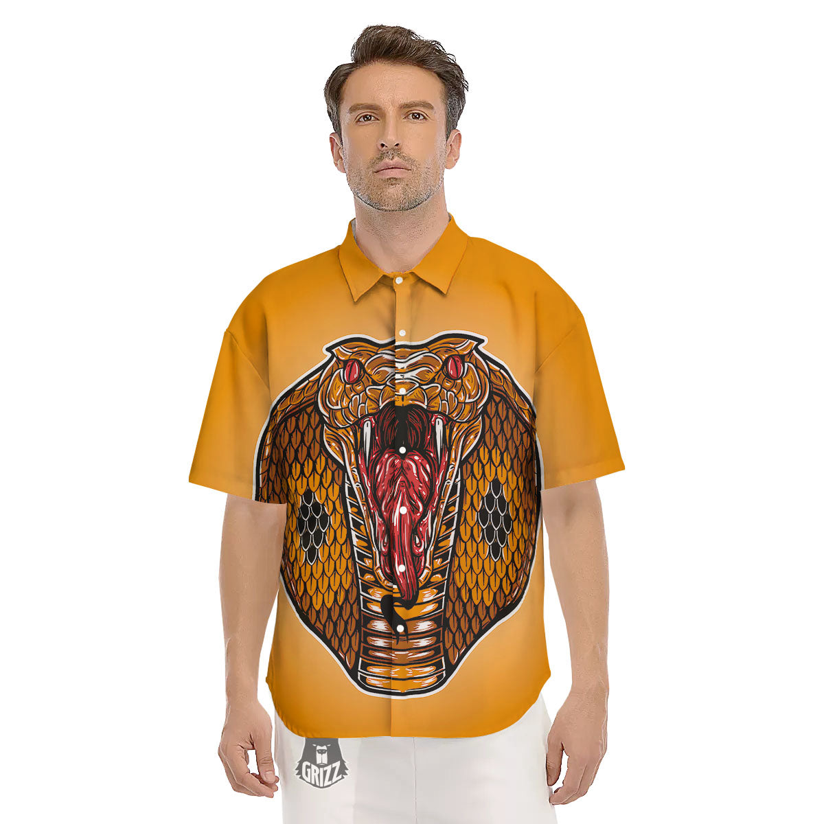 Gold King Cobra Snake Head Print Men's Short Sleeve Shirts