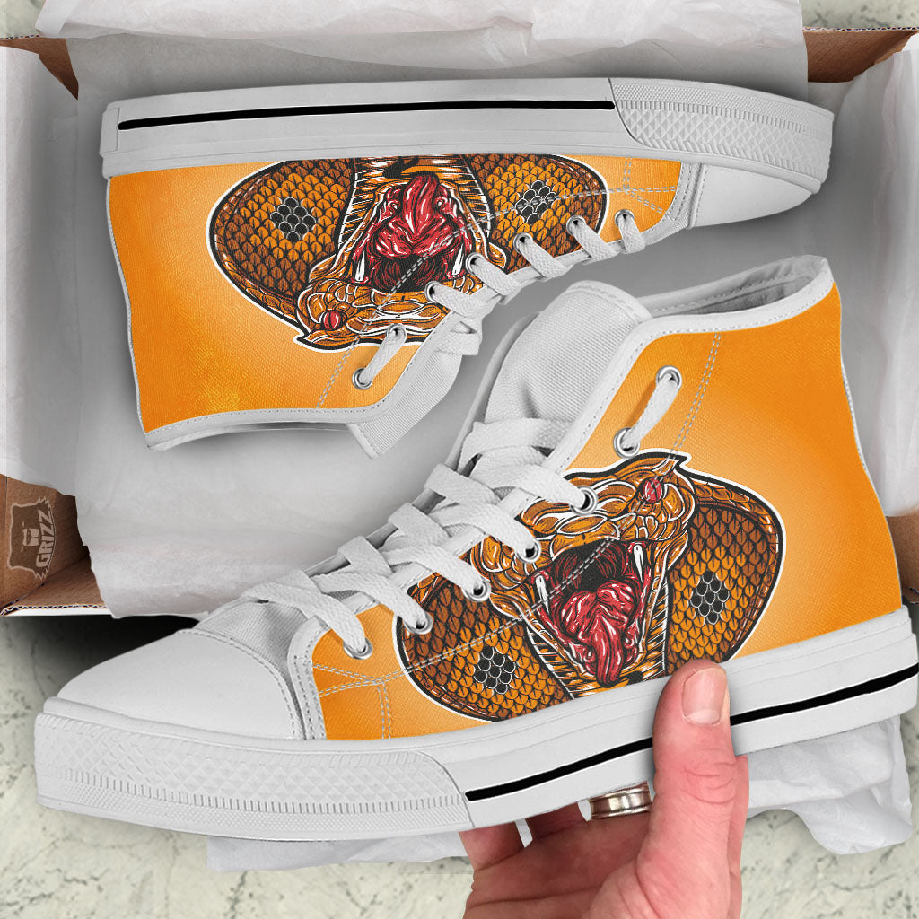 Gold King Cobra Snake Head Print White High Top Shoes-grizzshop