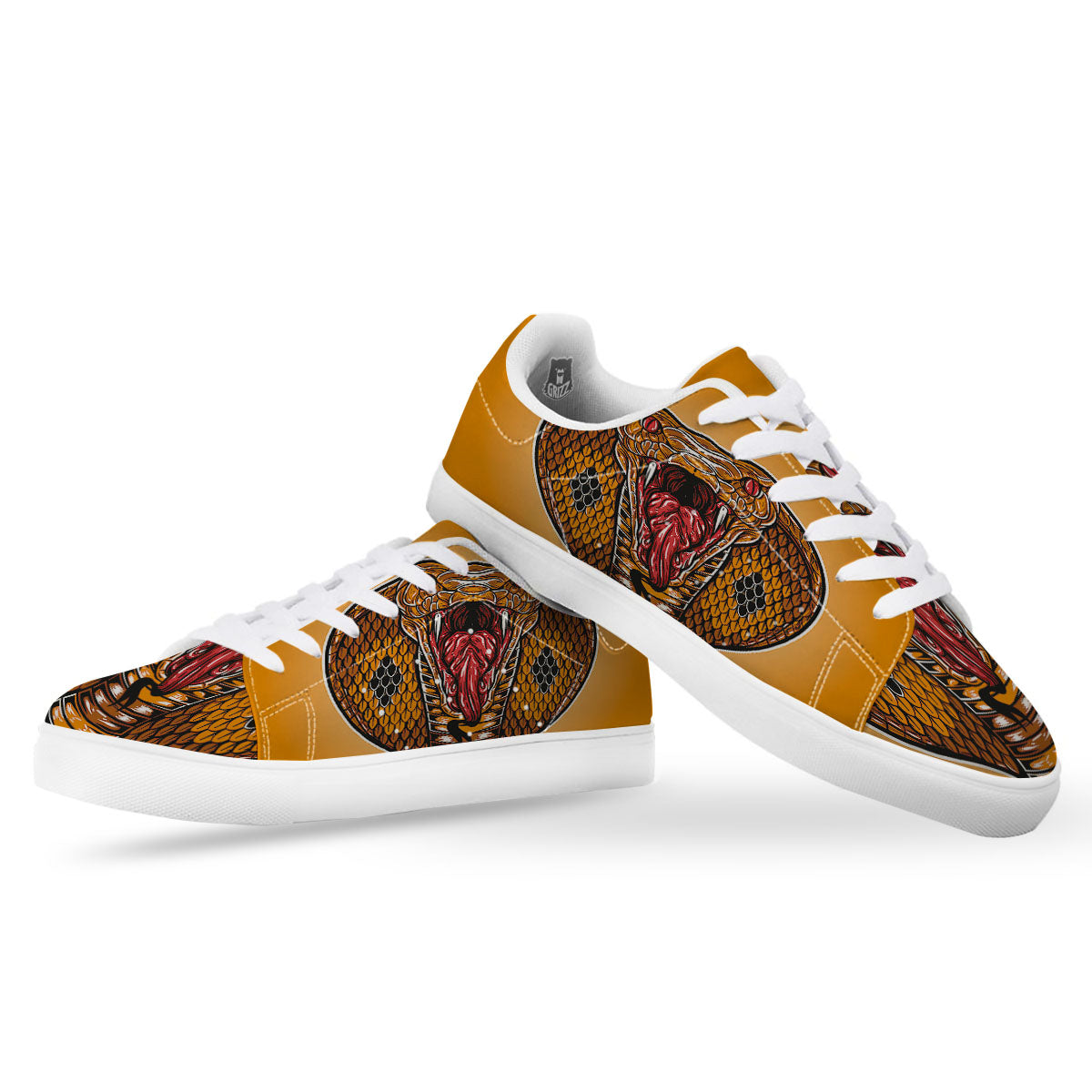 Gold King Cobra Snake Head Print White Low Top Sneakers-grizzshop
