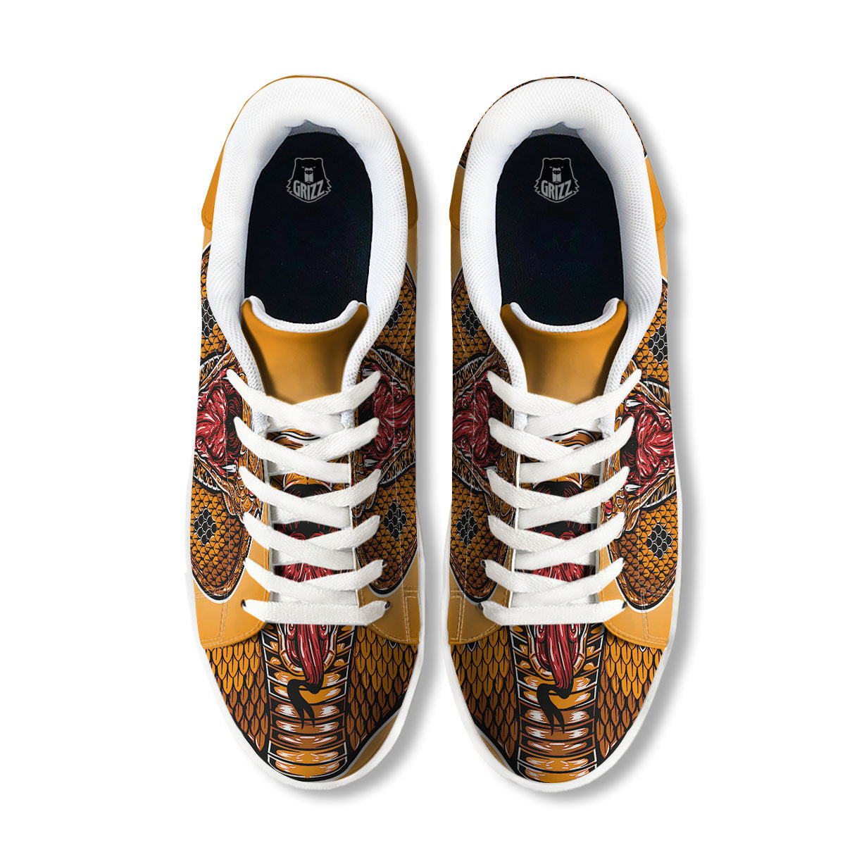 Gold King Cobra Snake Head Print White Low Top Sneakers-grizzshop