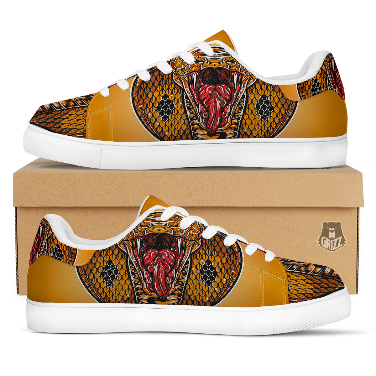 Gold King Cobra Snake Head Print White Low Top Sneakers-grizzshop