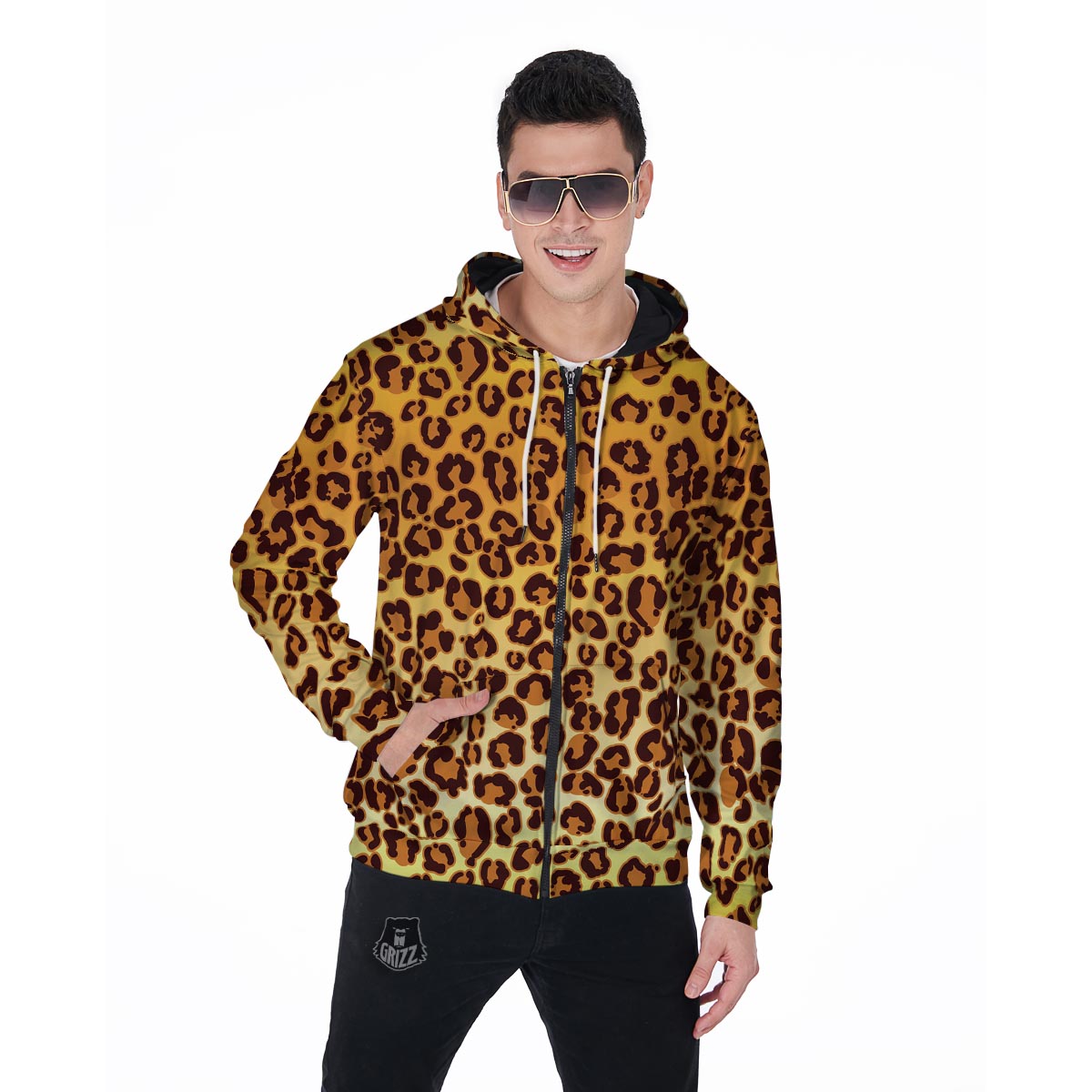 Gold Leopard Men's Zip Up Hoodie-grizzshop