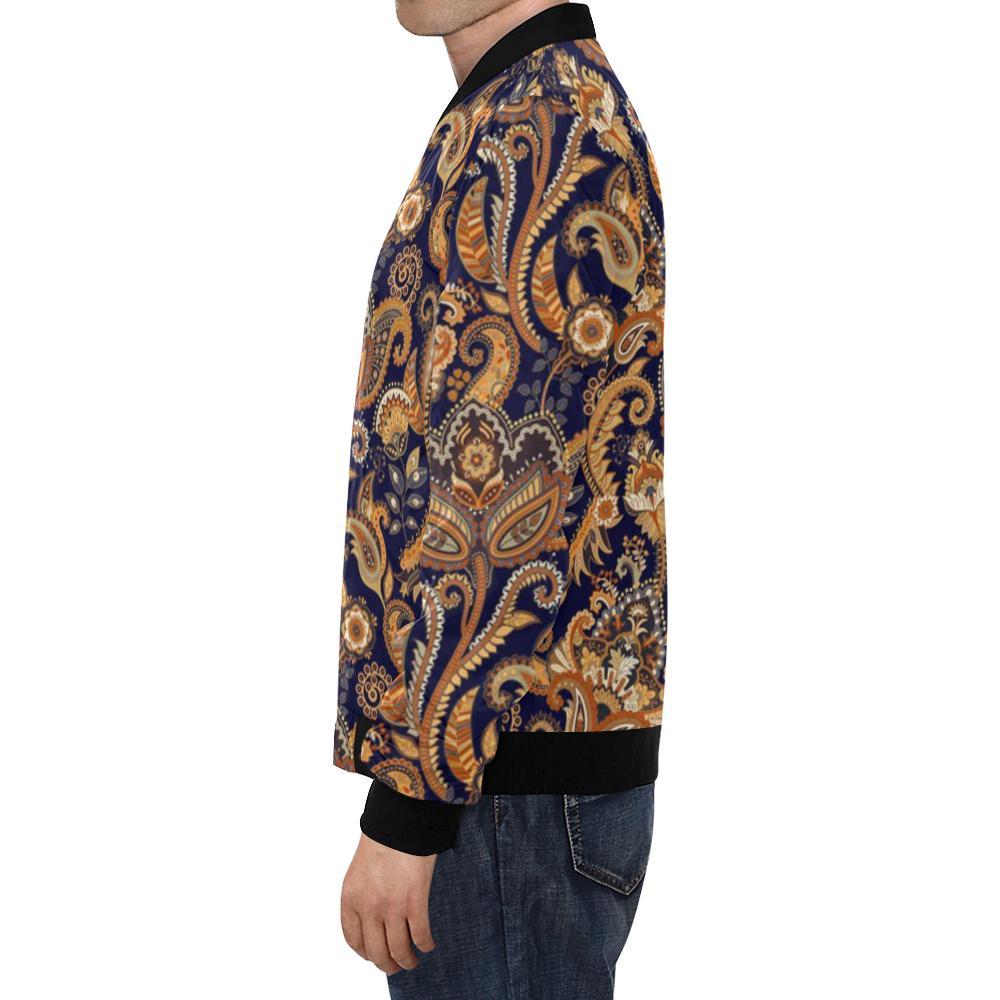Gold Paisley Pattern Print Men's Bomber Jacket-grizzshop