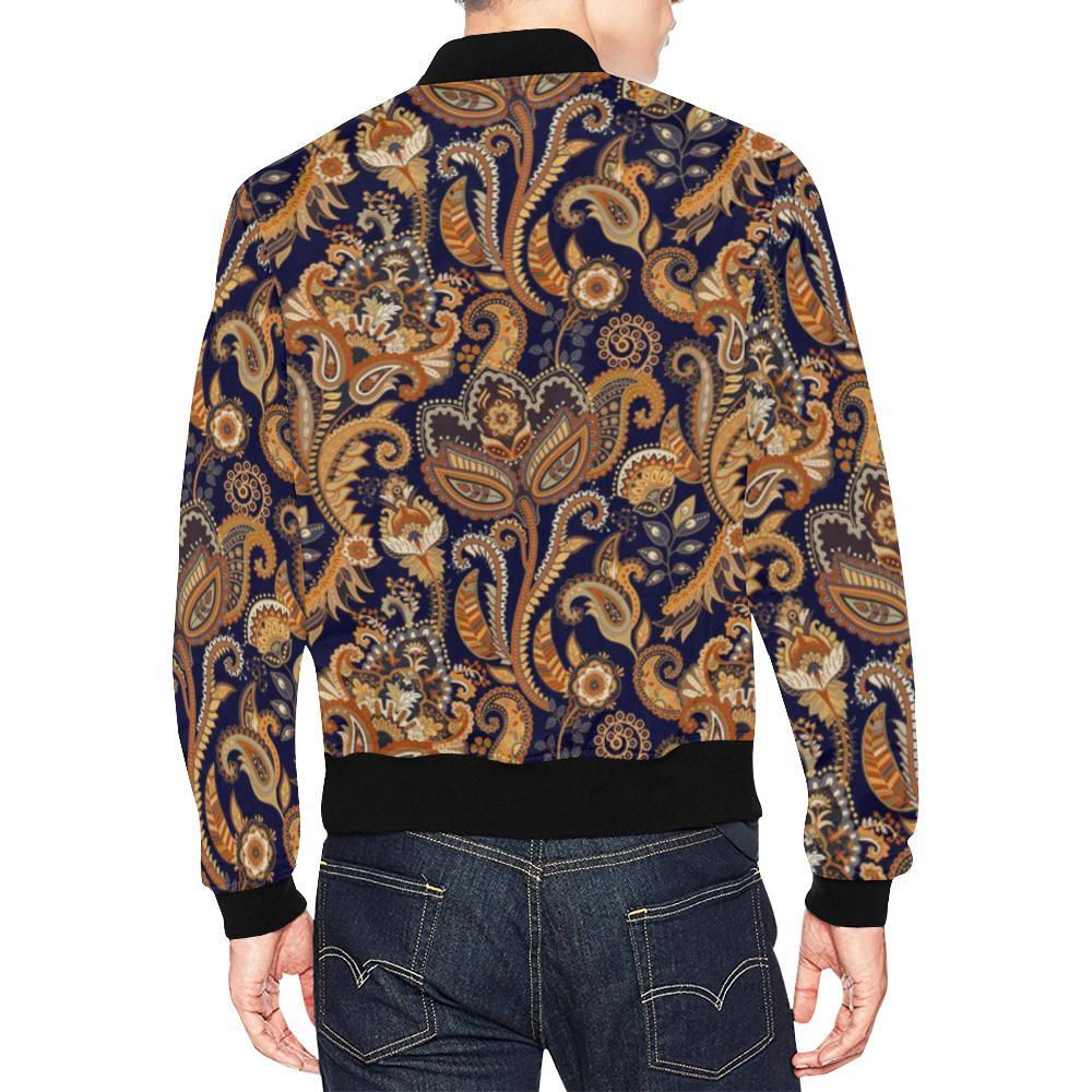 Gold Paisley Pattern Print Men's Bomber Jacket-grizzshop