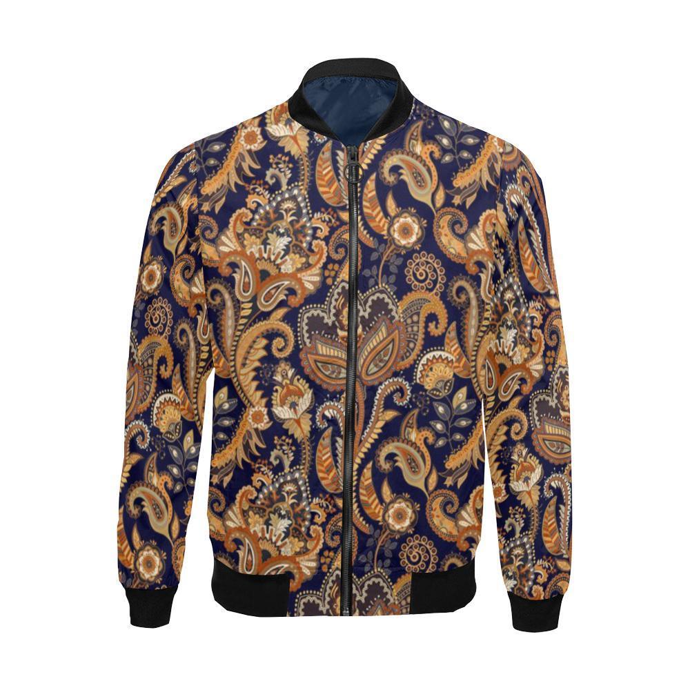 Gold Paisley Pattern Print Men's Bomber Jacket-grizzshop