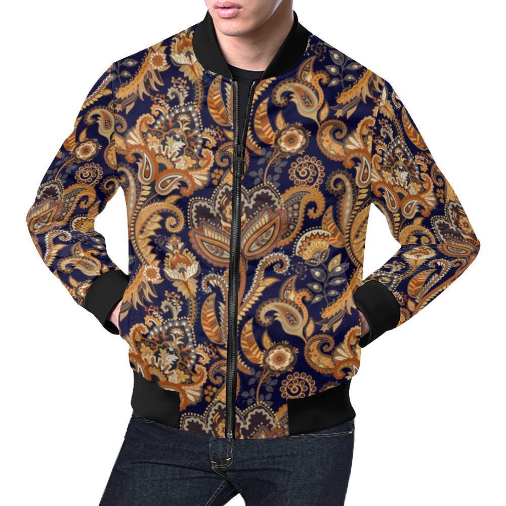 Gold Paisley Pattern Print Men's Bomber Jacket-grizzshop