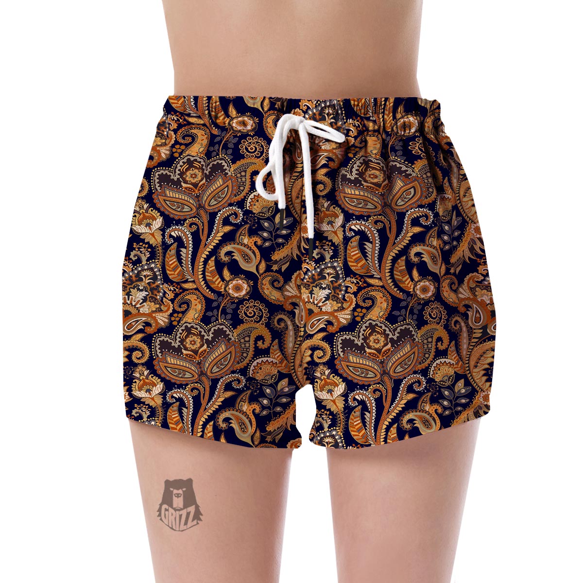 Gold Paisley Pattern Print Women's Shorts-grizzshop
