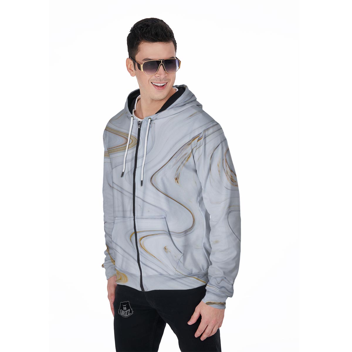 Gold White Marble Men's Zip Up Hoodie-grizzshop