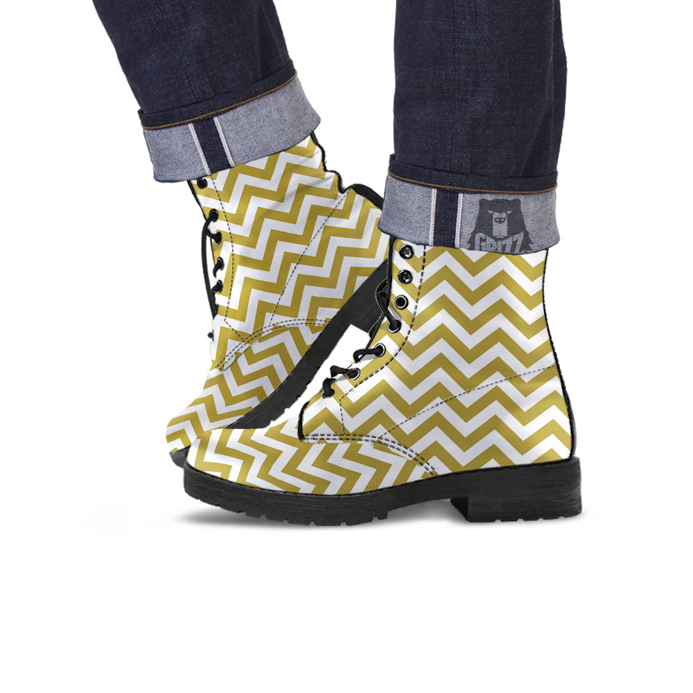 Gold Zigzag Print Pattern Leather Boots-grizzshop