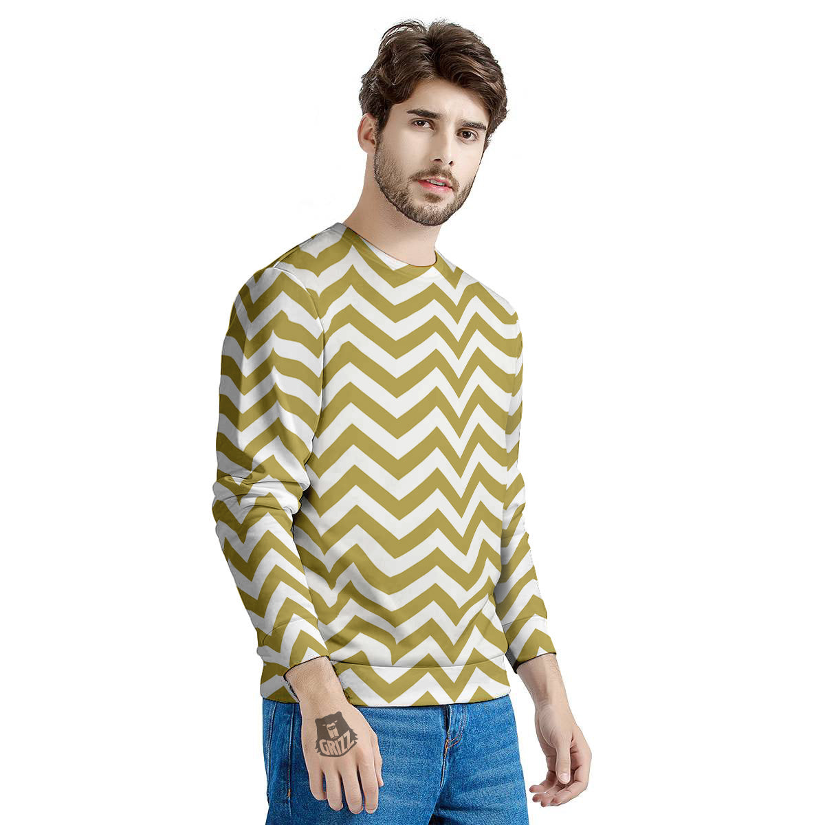 Gold Zigzag Print Pattern Men's Sweatshirt-grizzshop