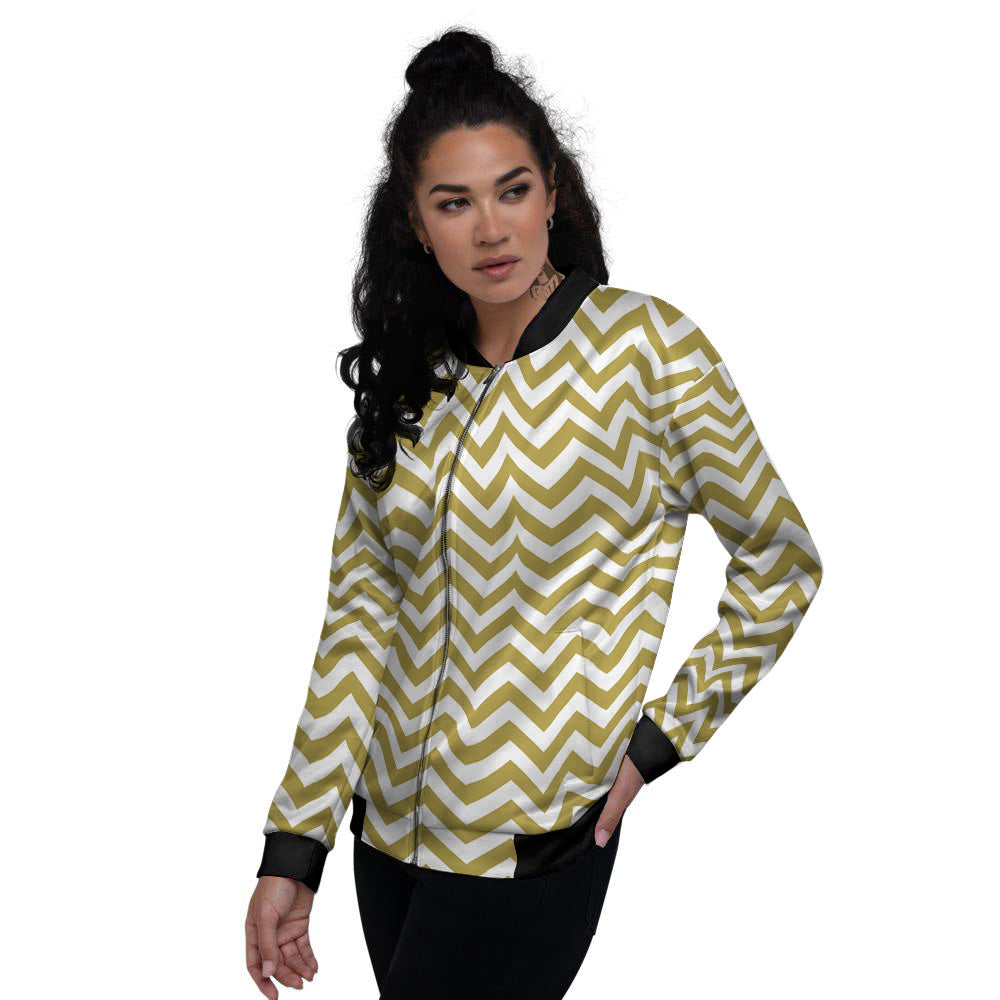 Gold Zigzag Print Pattern Women's Bomber Jacket-grizzshop