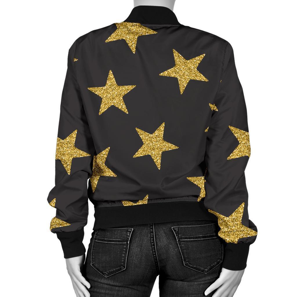 Gold Glitter Star Pattern Print Women Casual Bomber Jacket-grizzshop