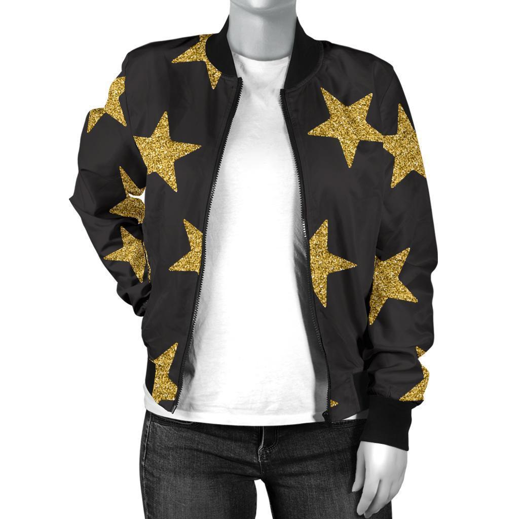 Gold Glitter Star Pattern Print Women Casual Bomber Jacket-grizzshop
