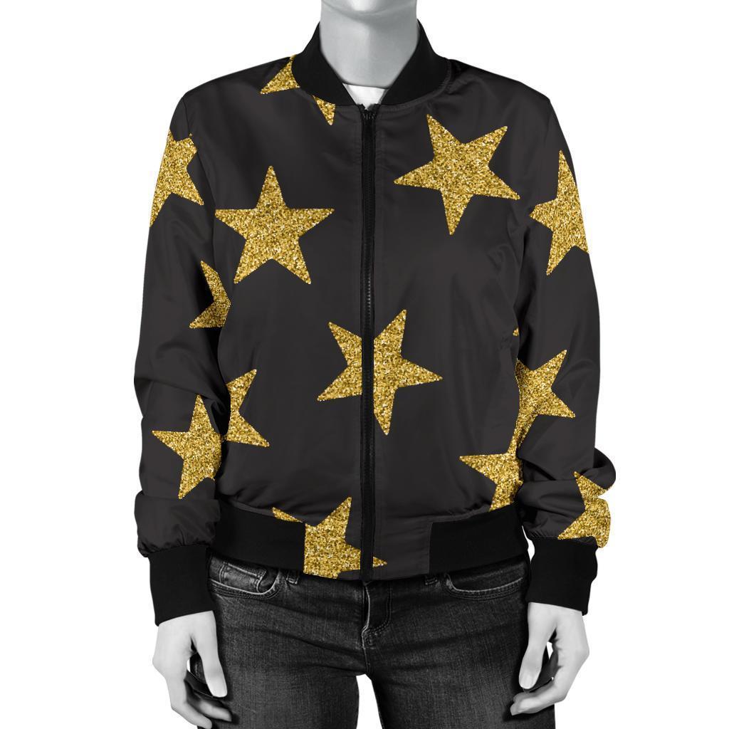 Gold Glitter Star Pattern Print Women Casual Bomber Jacket-grizzshop